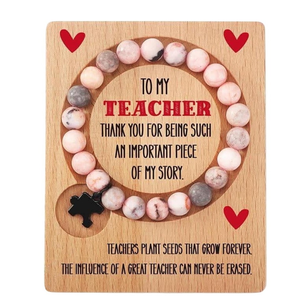 Teacher Appreciation Natural Pink Stone‎ Beaded Bracelet with Puzzle Piece Charm